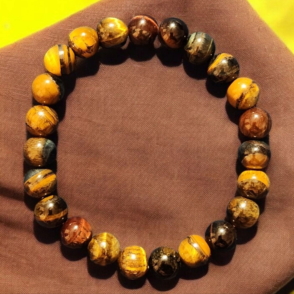 Genuine Natural Tiger Eye Red, Blue, Brown 8mm Beaded Bracelet Size 7" stretch. - Picture 2 of 3